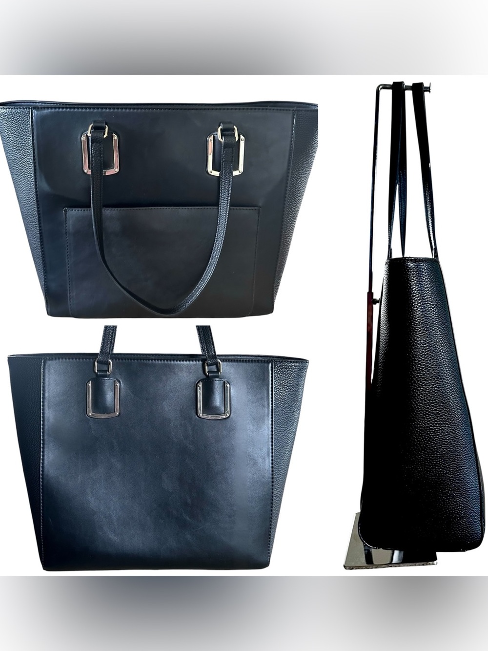 Nine West Classic Black Tote Bag Silver Hardware Double Straps Like New